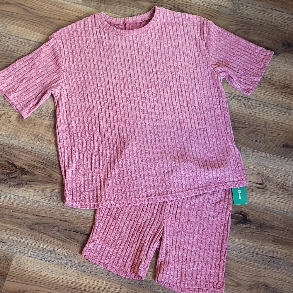 SHEIN EZwear Ribbed Mauve Oversized Top & Biker Shorts Set, Size L, Soft